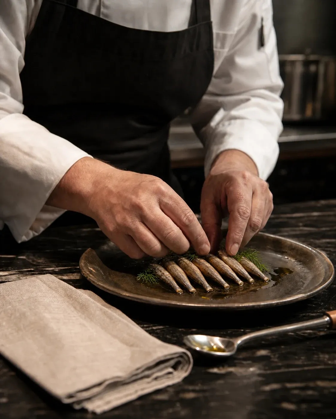 Chef hands arranging tailless Gourmet smoked sprats with dill on handmade ceramic