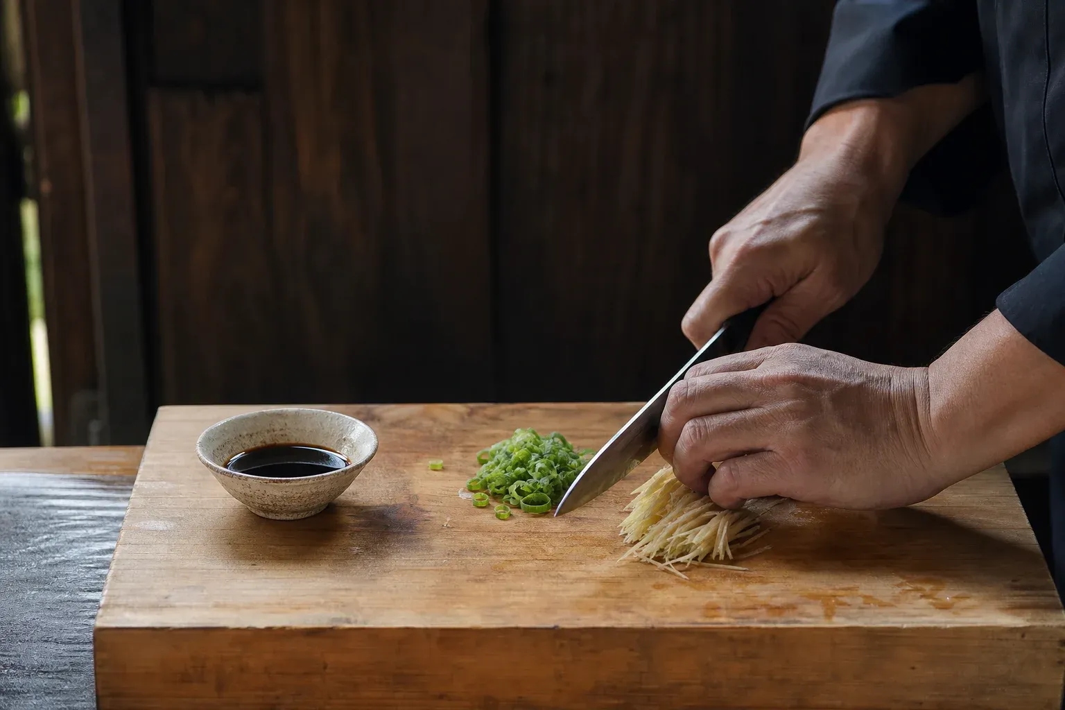 Precise knife work with ginger and spring onion on a hinoki board