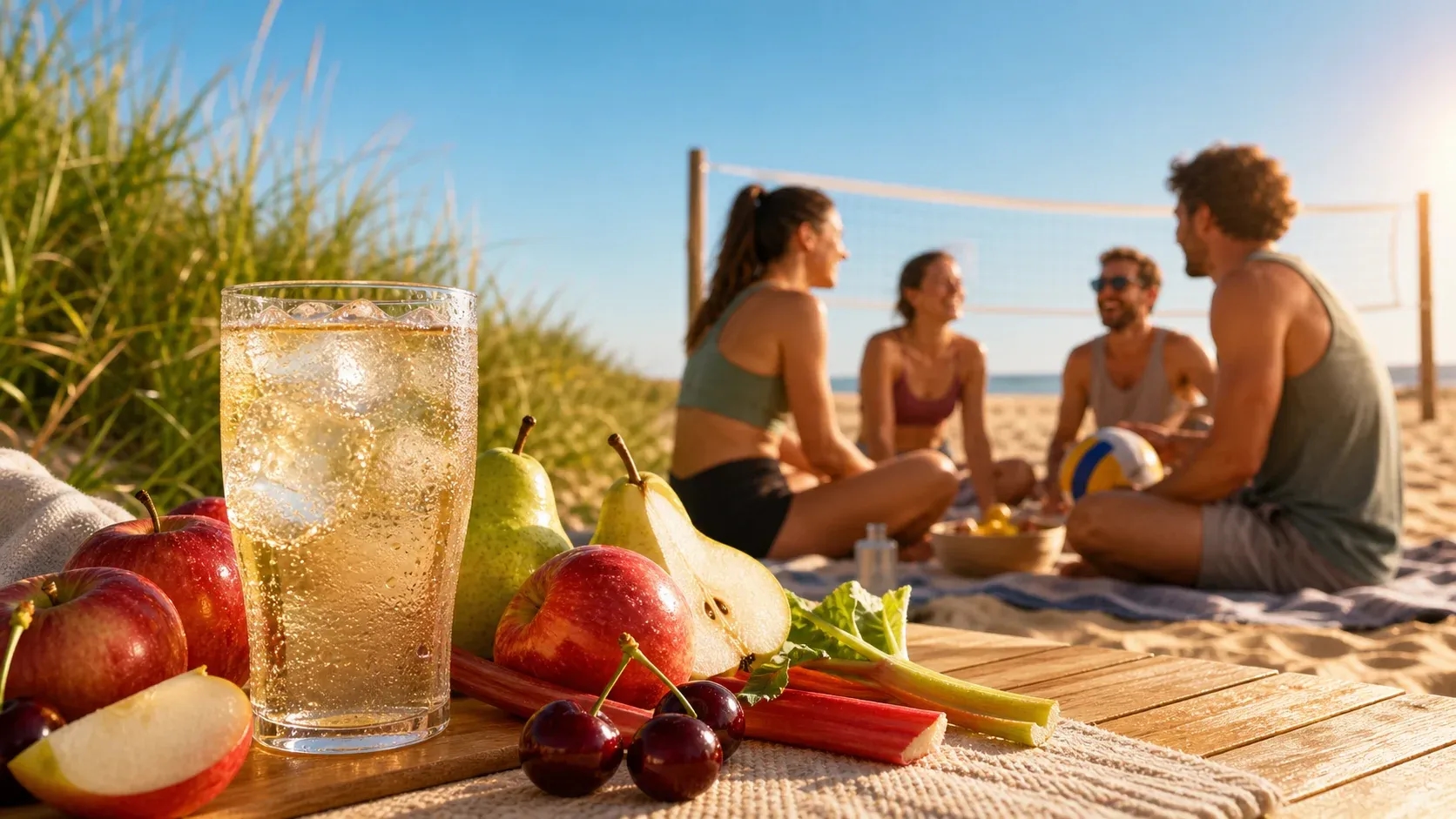 A cold apple and pear drink at a sunny beach picnic with friends