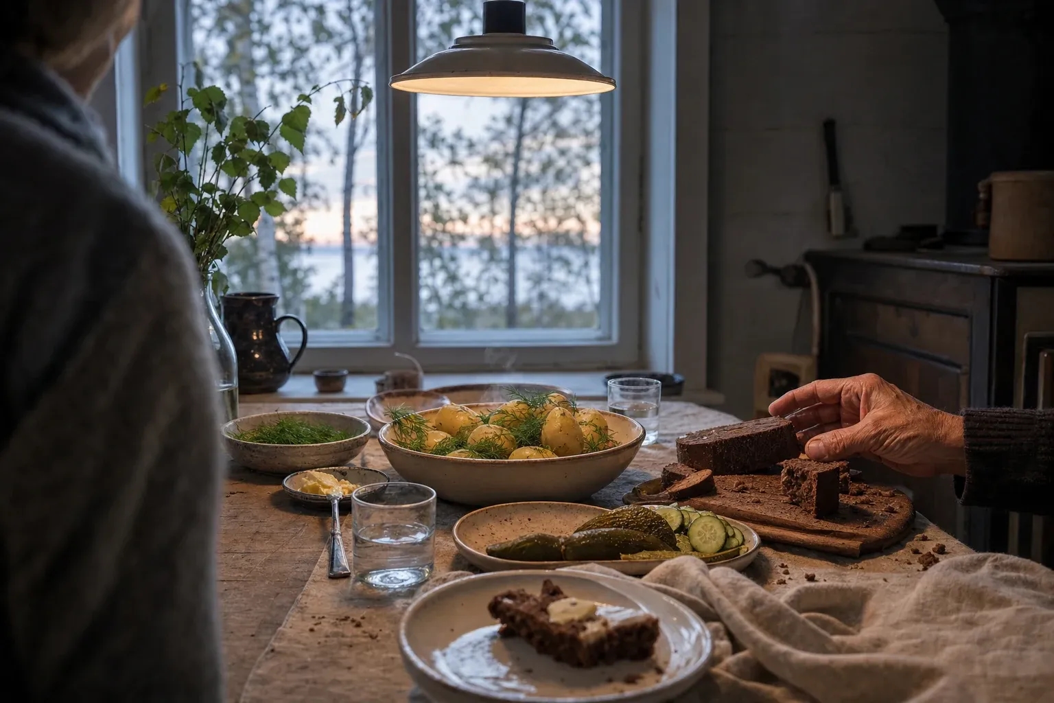 A simple Latvian table with rye bread, potatoes, dill and pickled vegetables