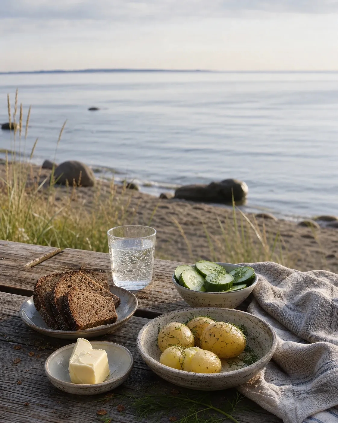 A simple breakfast of rye bread, butter, potatoes and cucumber beside the Baltic Sea