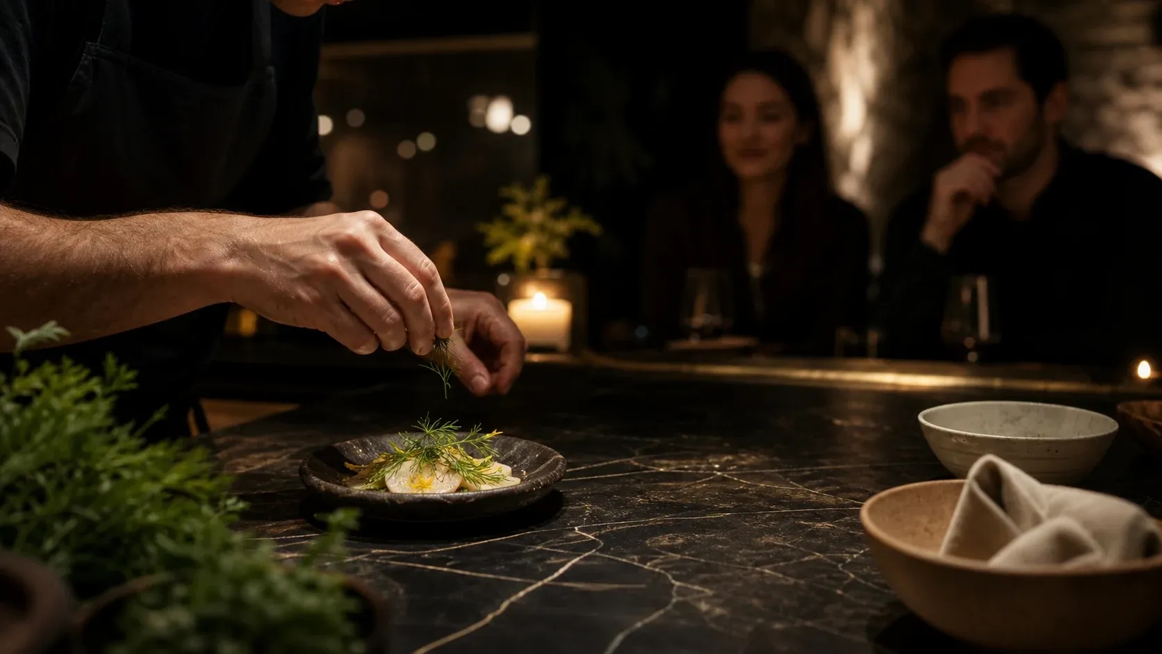 A chef finishing a delicate plate as diners watch