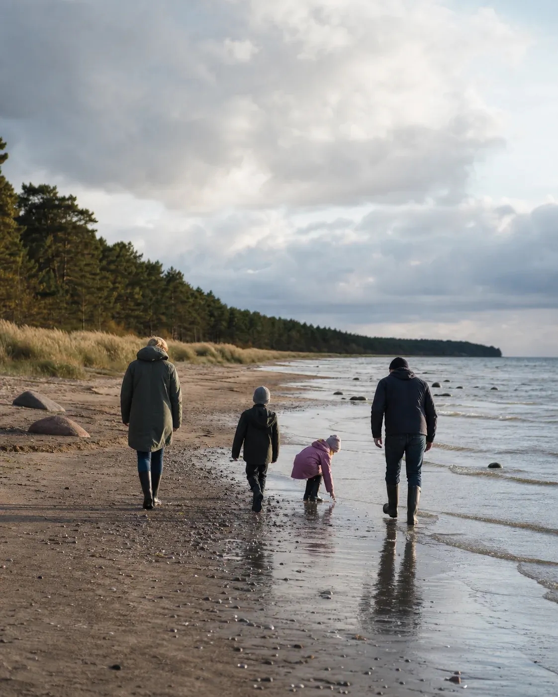A family walking and collecting shells on the quiet Engure coast after rain