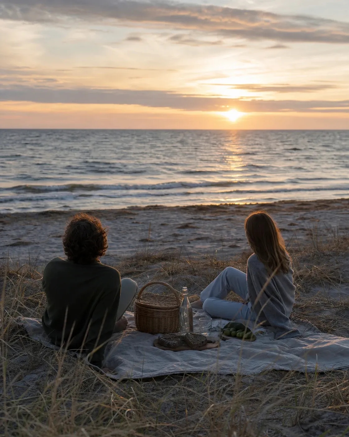 A quiet picnic in the dunes while the sun sets over the Baltic Sea