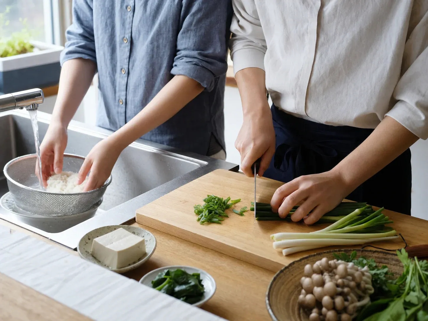 Two people preparing rice and spring onion together