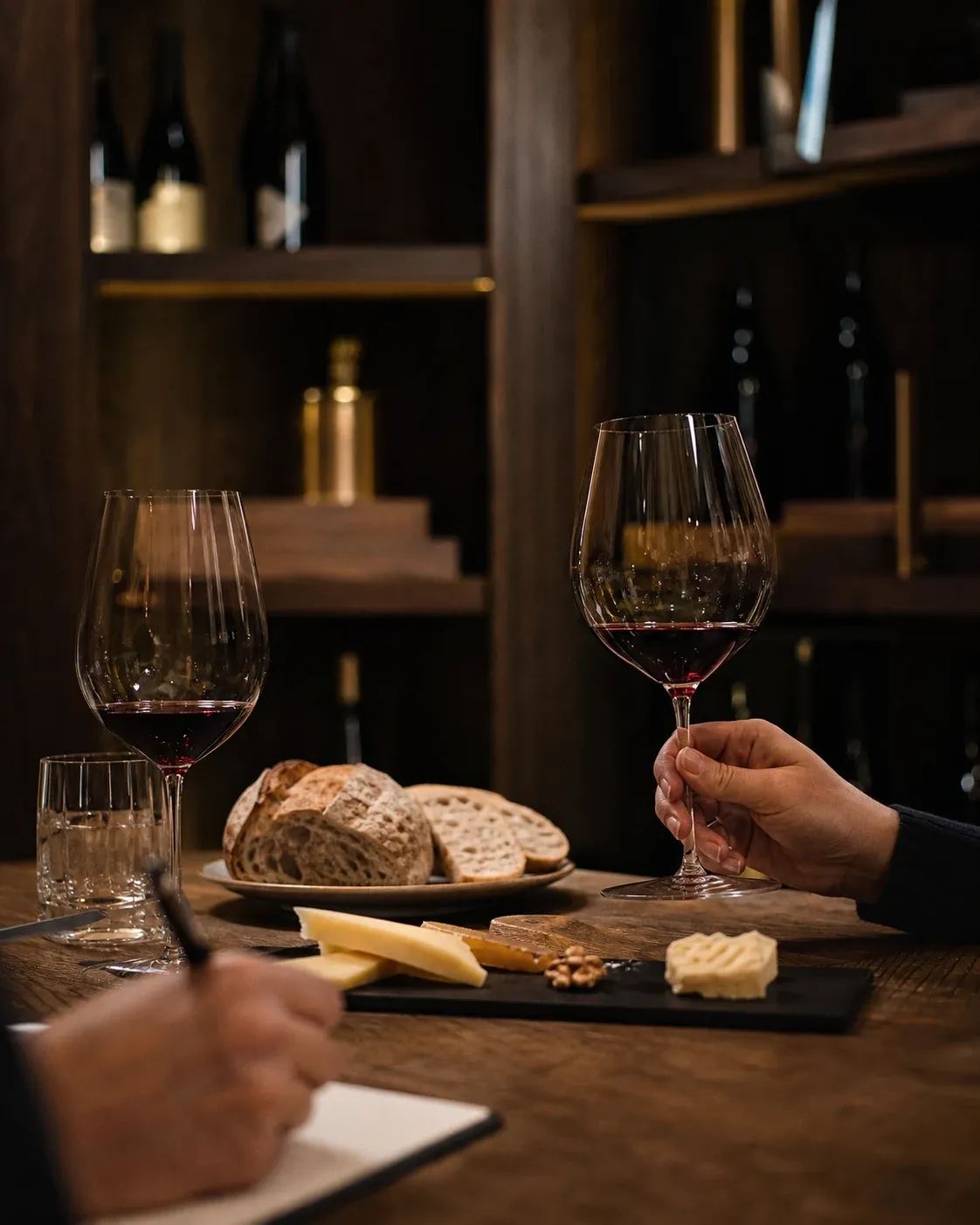 A quiet wine tasting with bread and cheese
