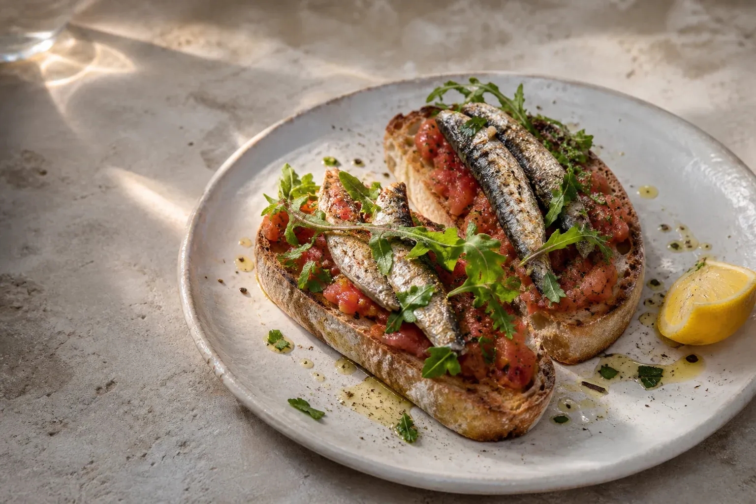Warm ciabatta, crushed tomato and herb sardines.