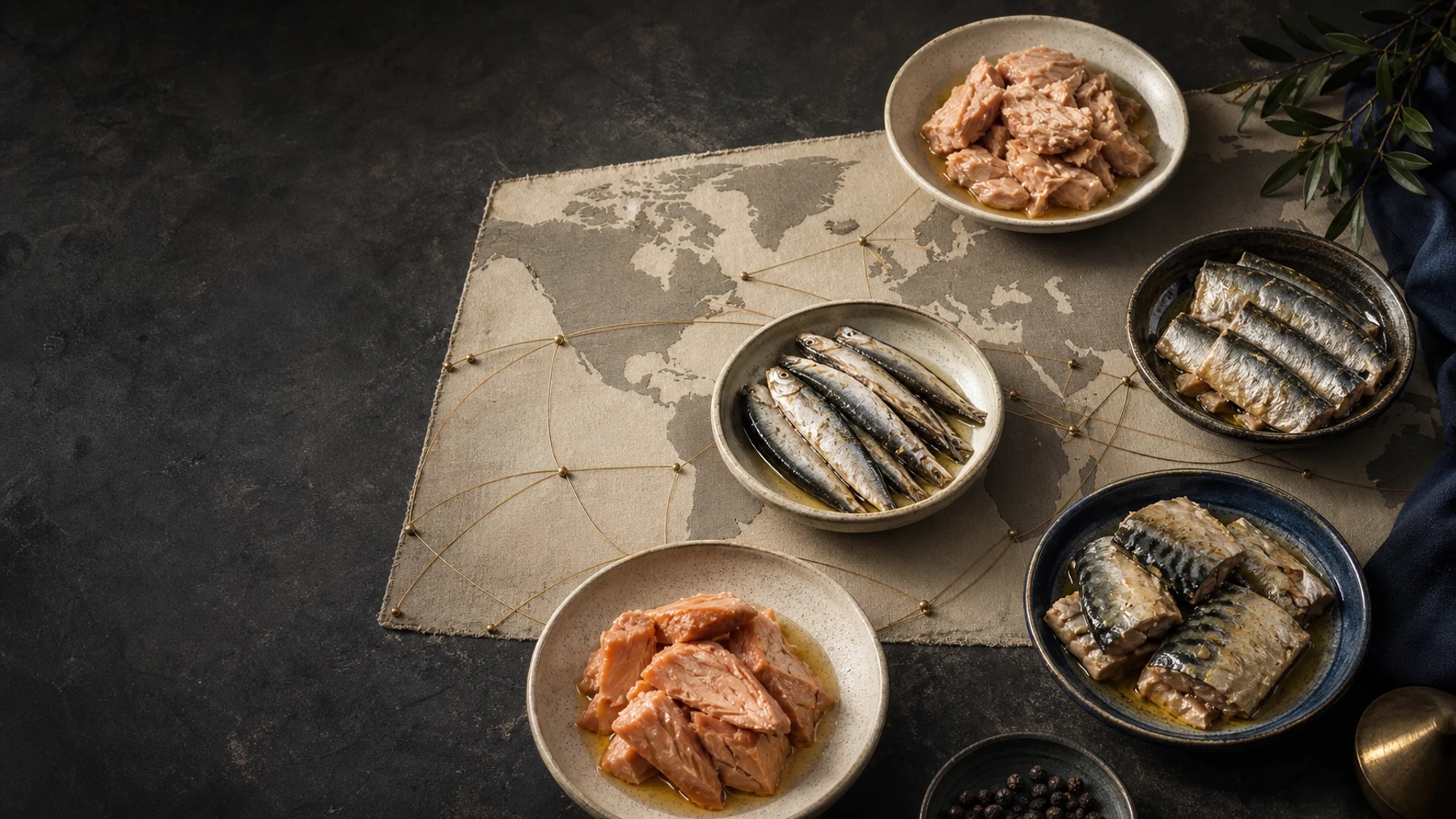 Editorial still life of prepared seafood dishes arranged around an understated world map