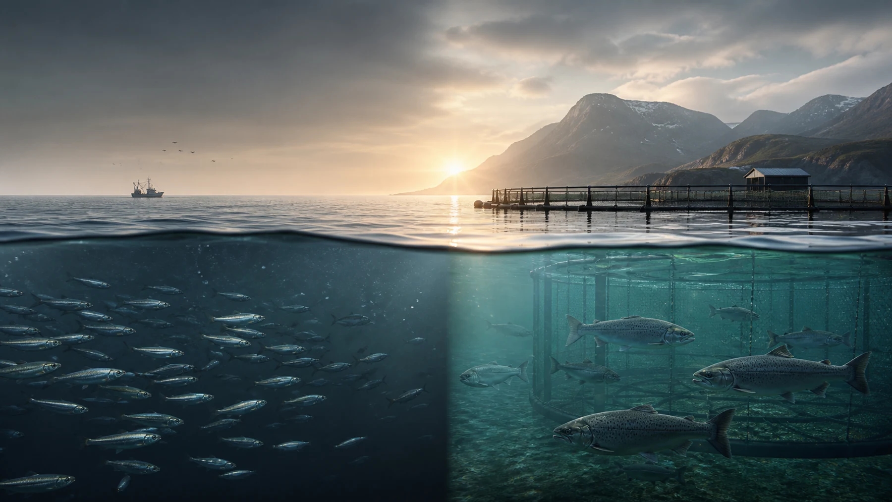 Balanced editorial visual showing a wild marine fishery and a responsible aquaculture setting
