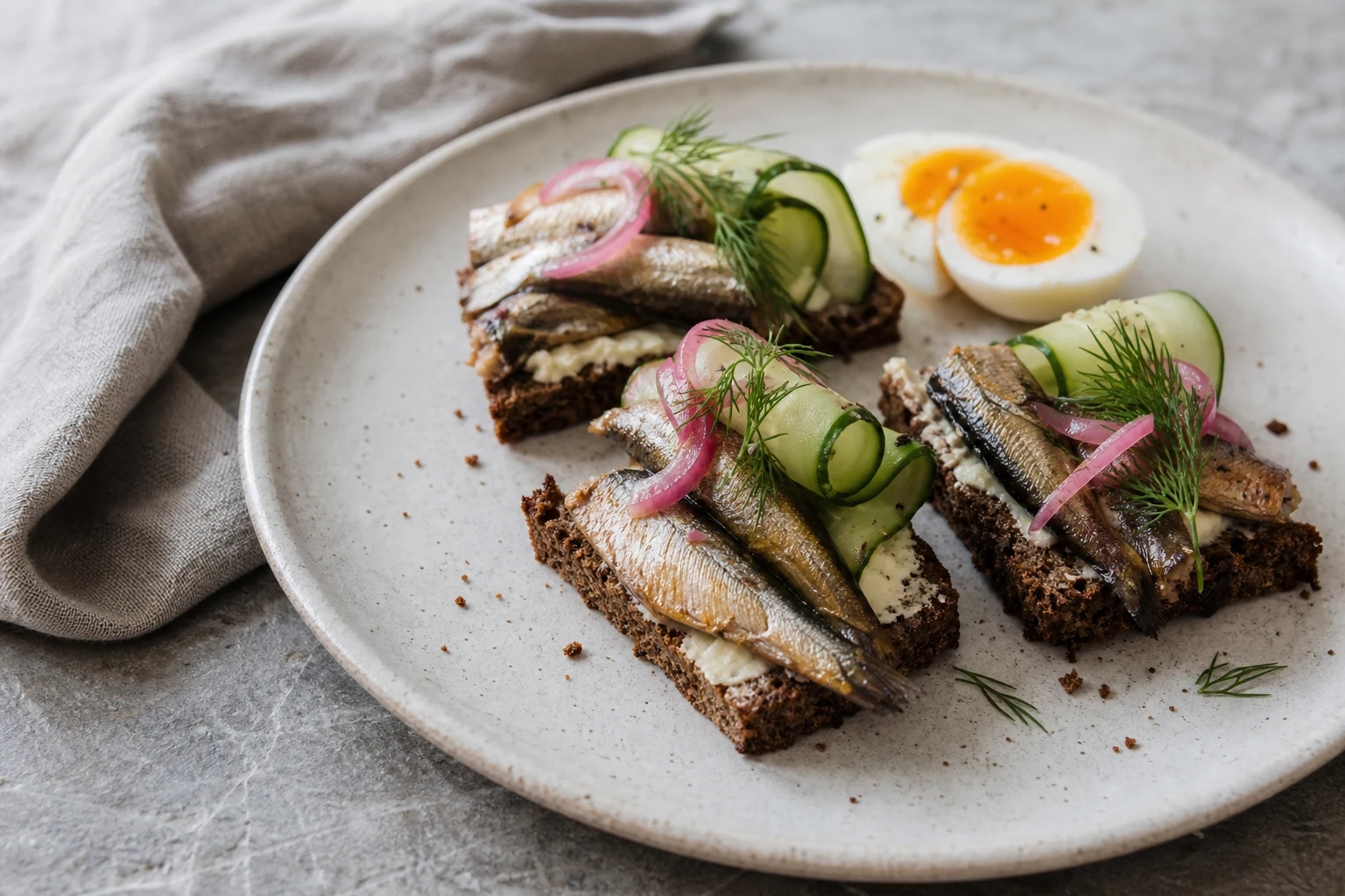 Smoked sprats served with Latvian dark bread in a restrained coastal table setting