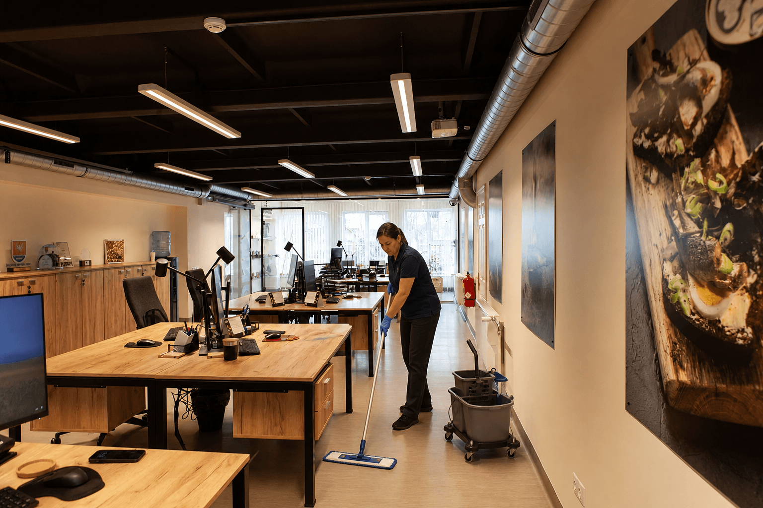 A cleaner mopping the floor in the SIA Unda administrative office