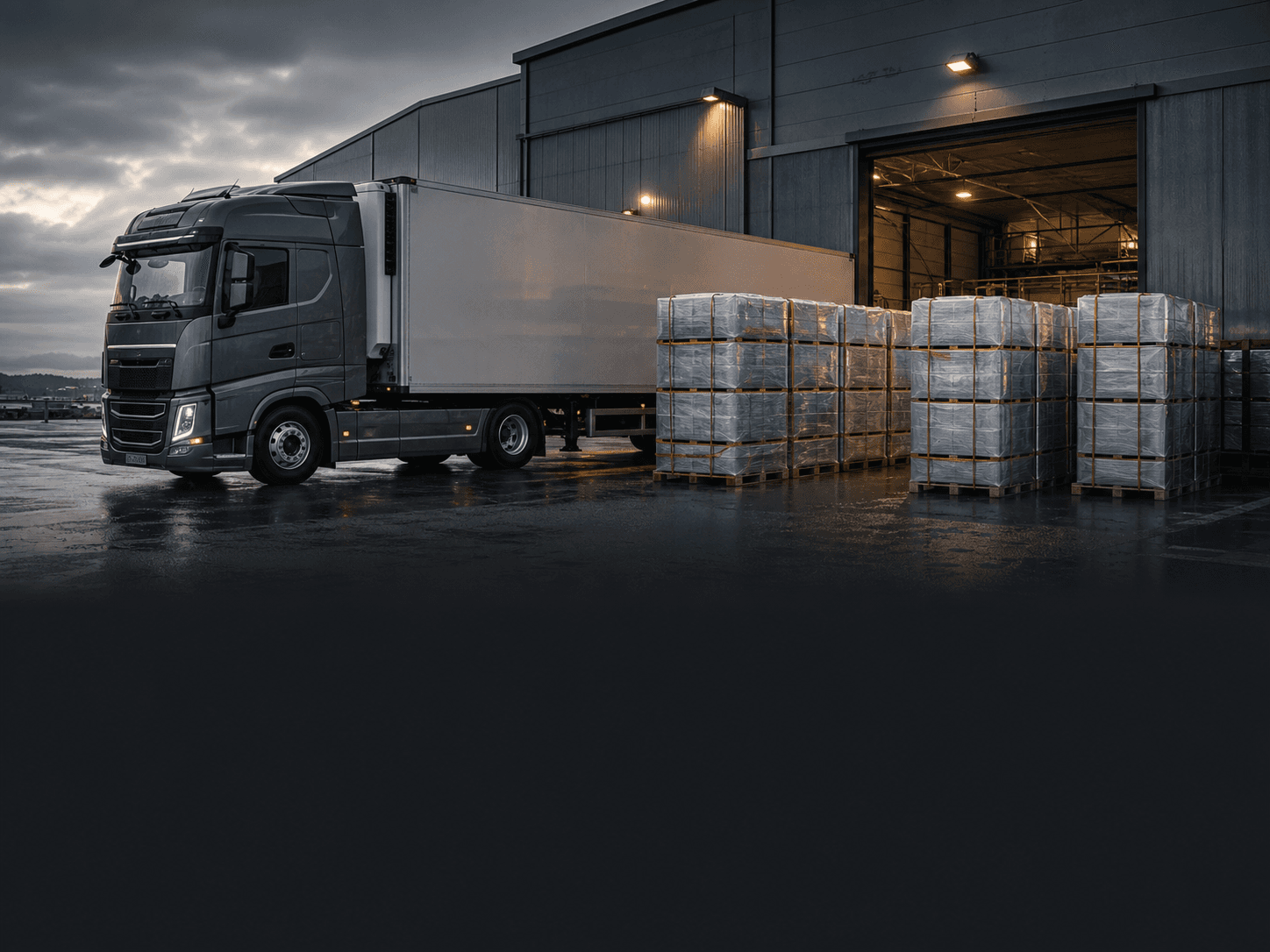 Diplomats distribution pathway with a truck, loading gate and prepared pallets