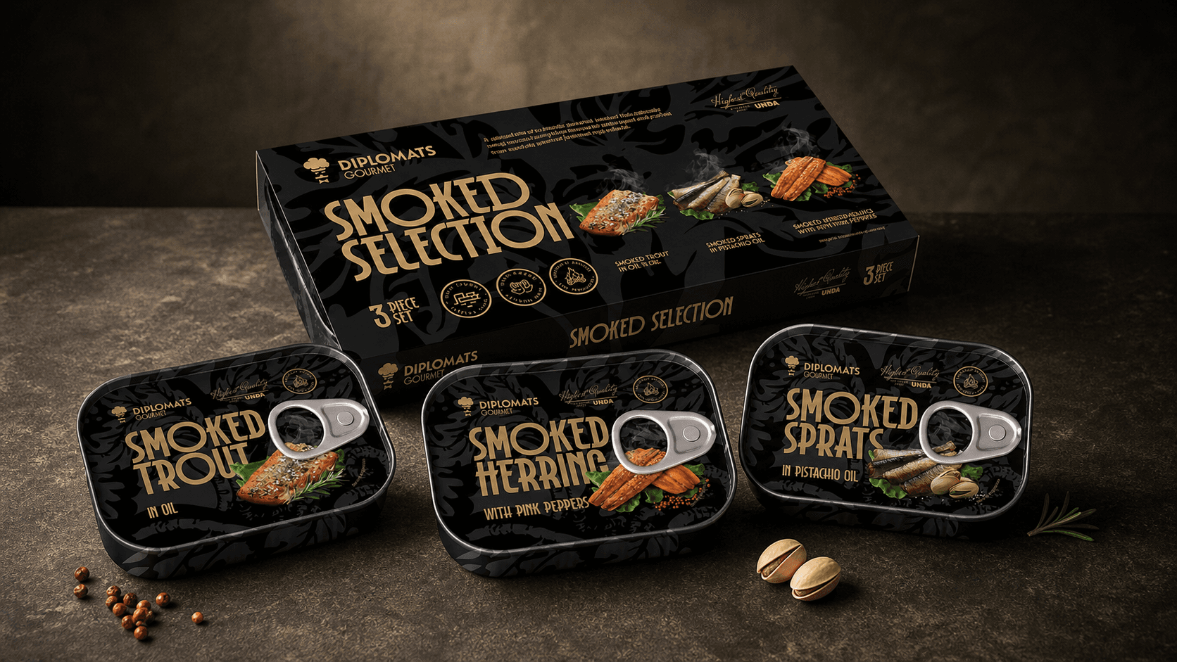Diplomats Gourmet smoked trout, herring and sprats tins with the Smoked Selection box