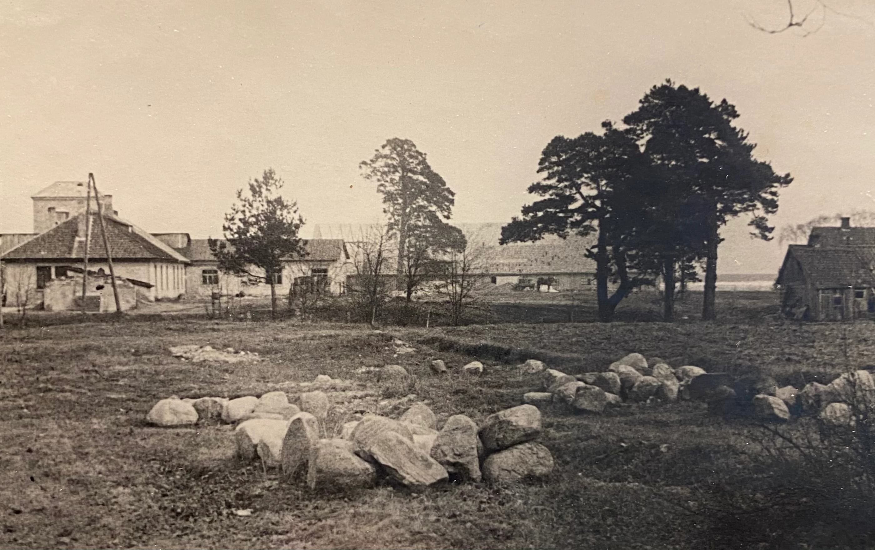 Historic view of the Engure production buildings and surrounding landscape