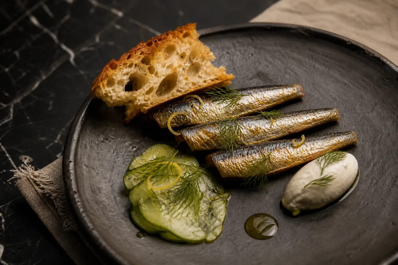 Traditionally smoked sprats, cucumber and cultured cream.