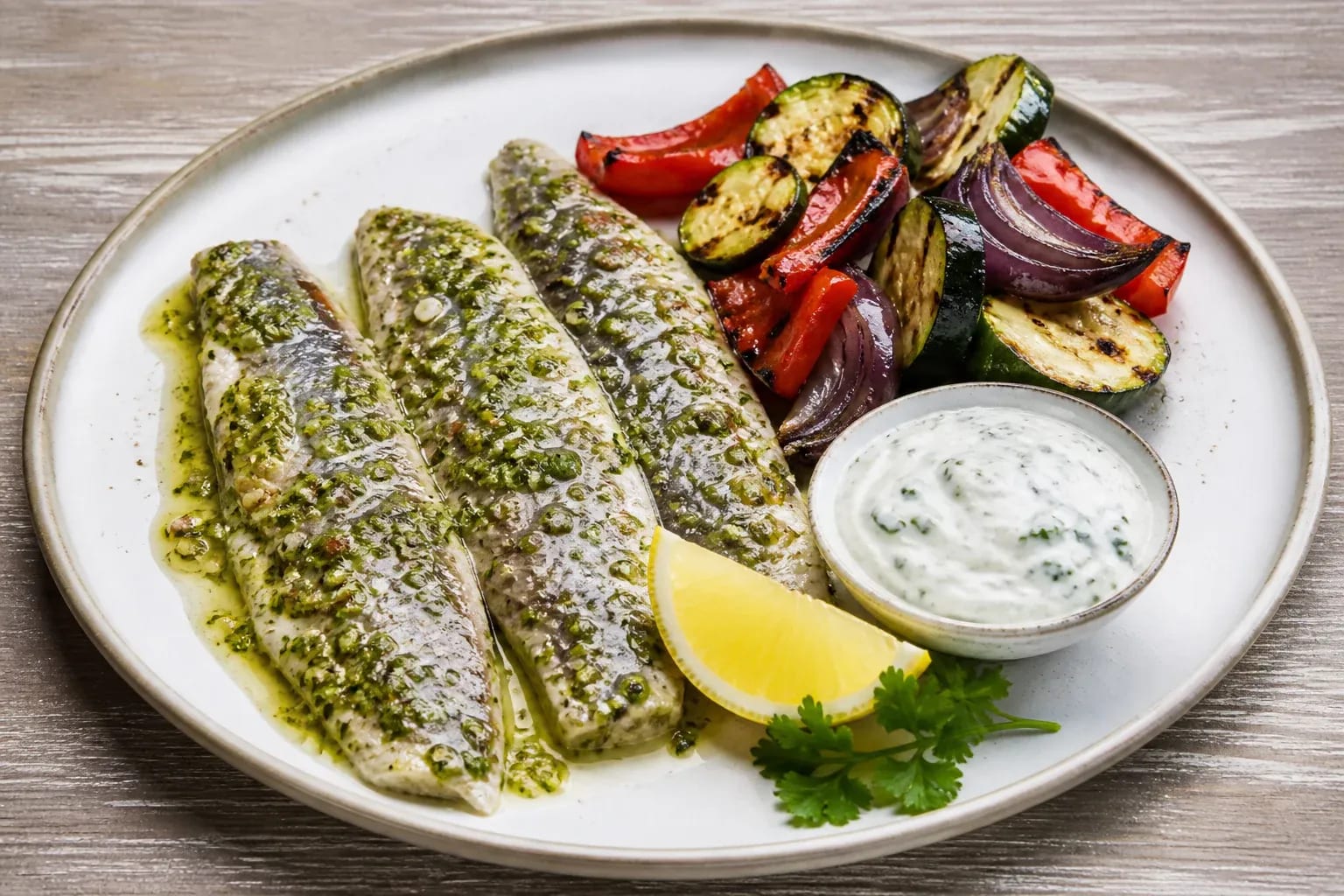 Green chilli herring with grilled vegetables and yoghurt-herb sauce.