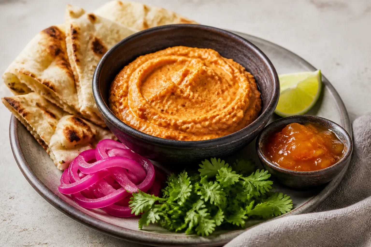 Tikka pâté with warm naan and pickled onions.