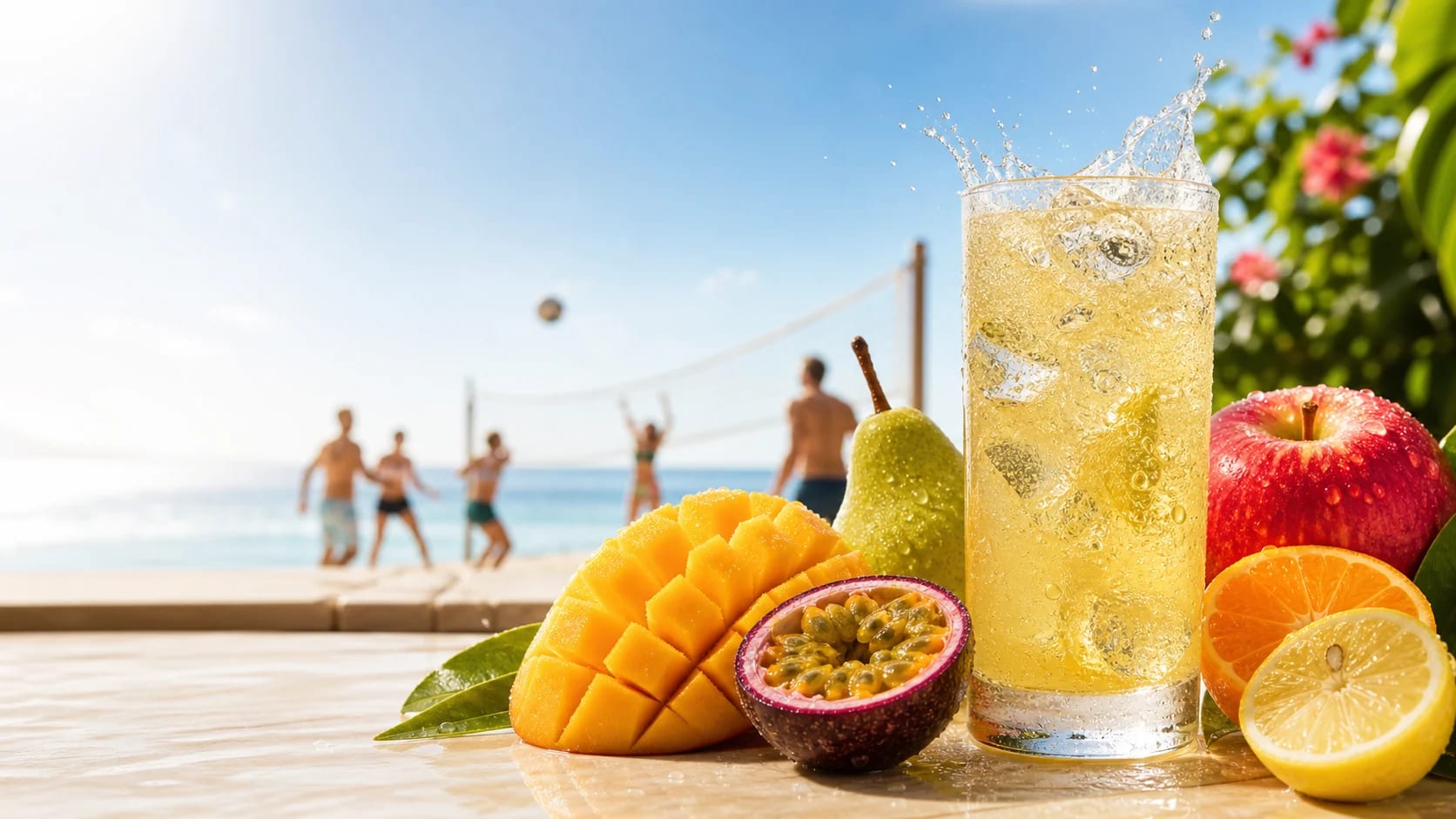 Saulaina Lifestyle pasaule ar aukstu dzērienu, augļiem un aktīvu atpūtu pie jūras.