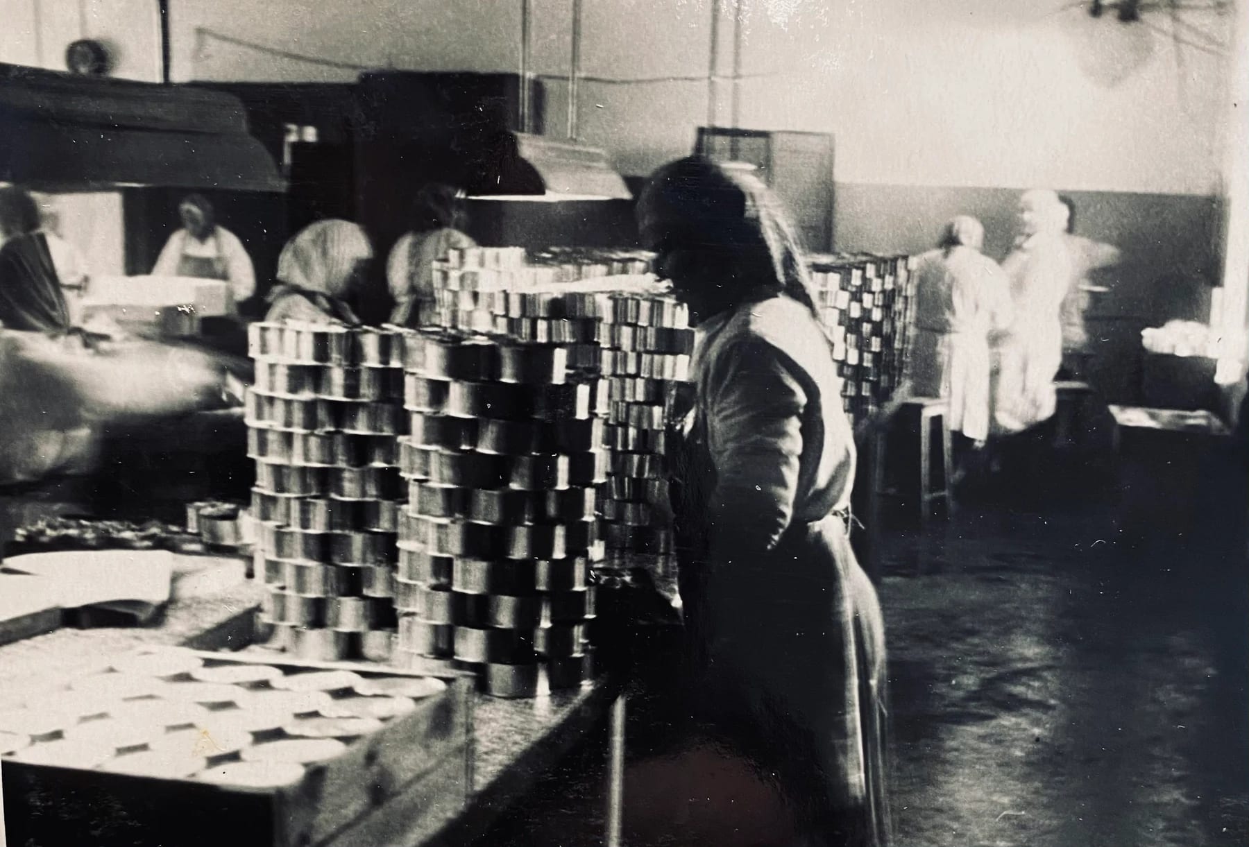 Workers beside stacks of packed cans at the Engure production site