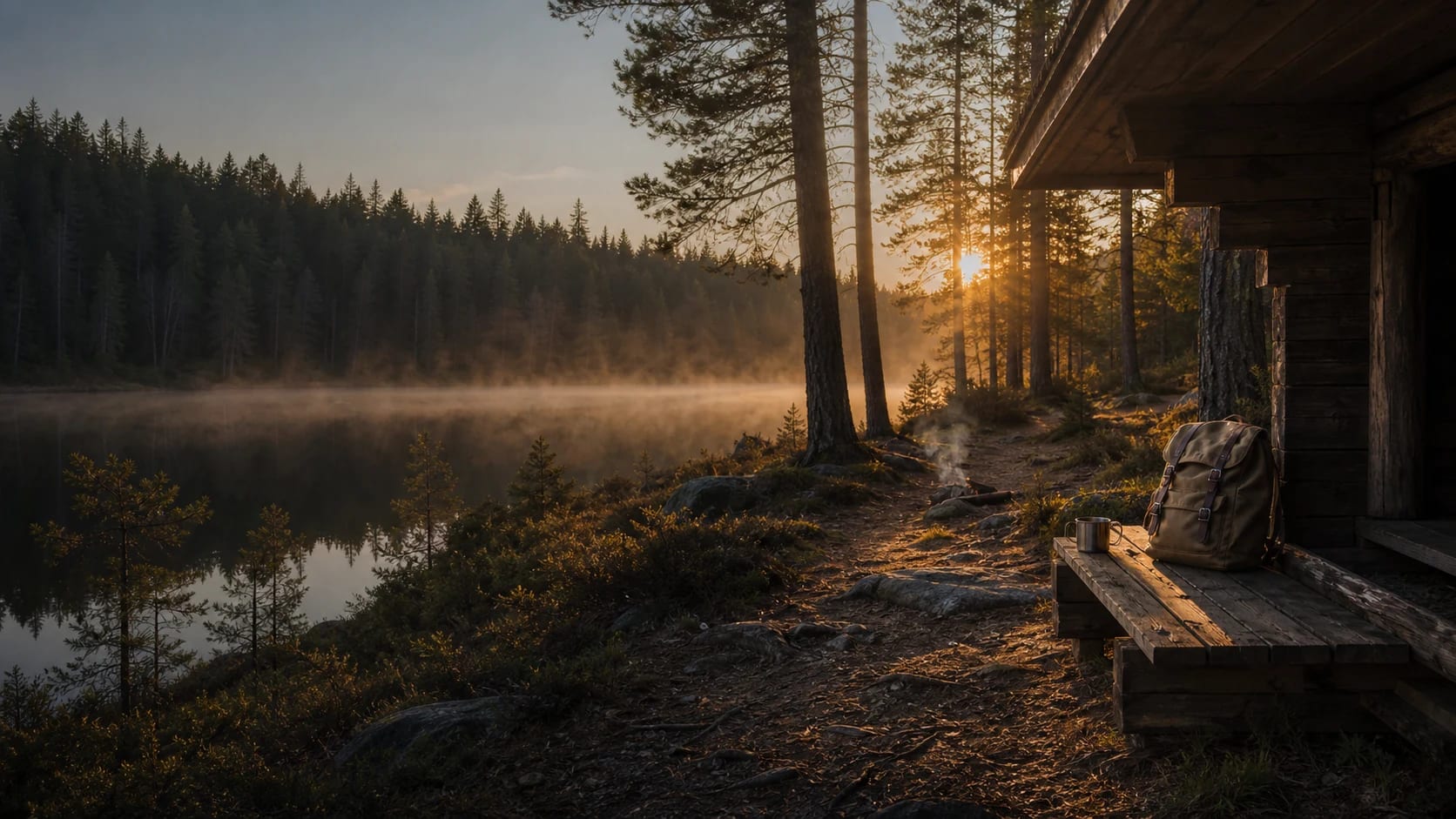 A quiet wooden shelter beside a forest lake in warm evening light.