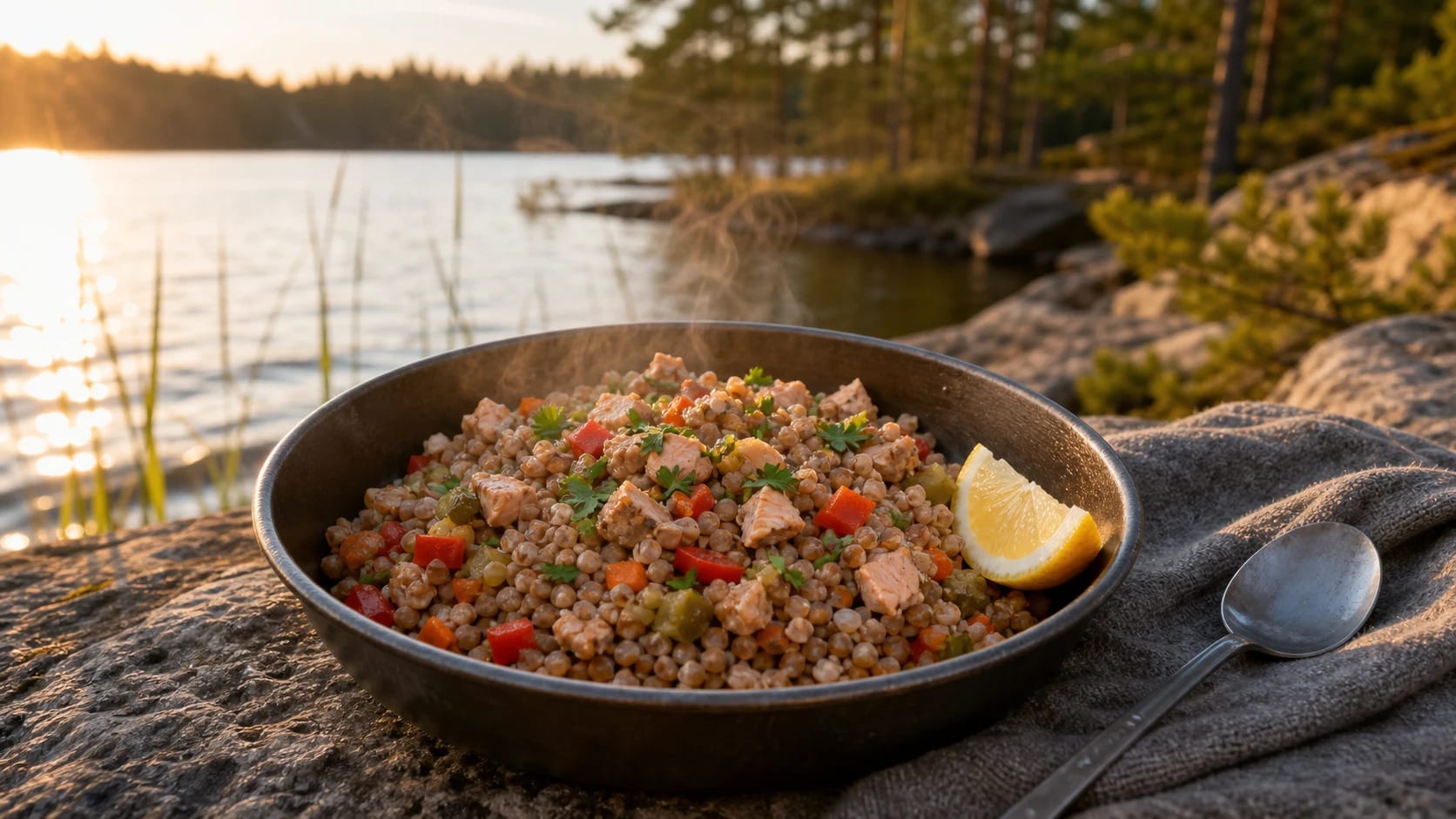 A ready meal served beside a calm lake.