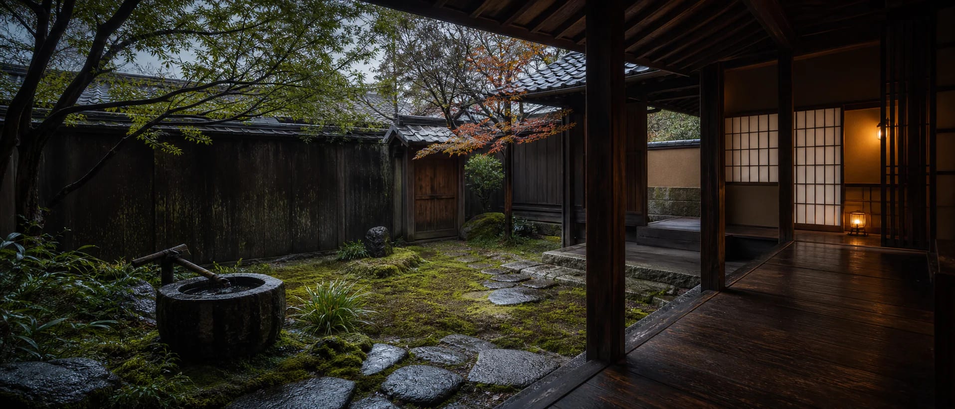 A traditional Japanese wooden home opening onto a quiet moss garden.