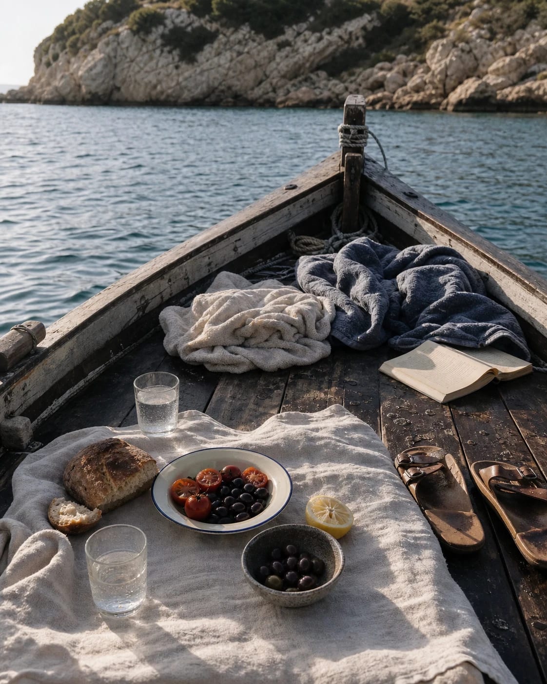 A simple picnic arranged in a wooden boat by a rocky coast.