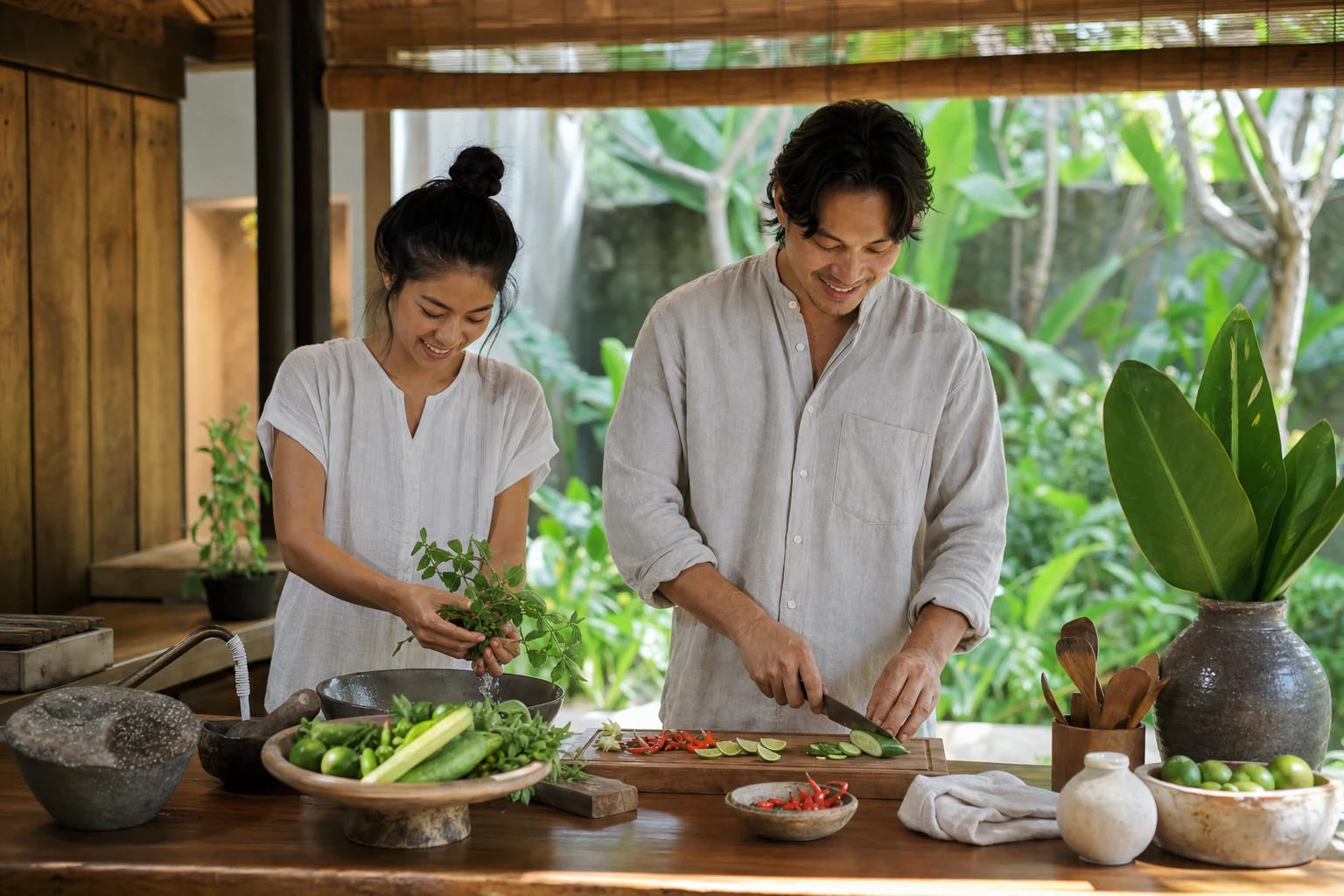 Two people preparing lime, spring onion, herbs and vegetables together.