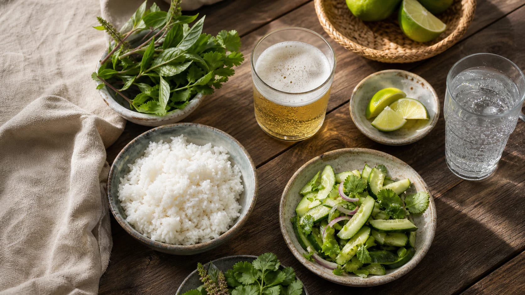 Rice, fresh herbs, lime and crisp vegetables arranged for serving.