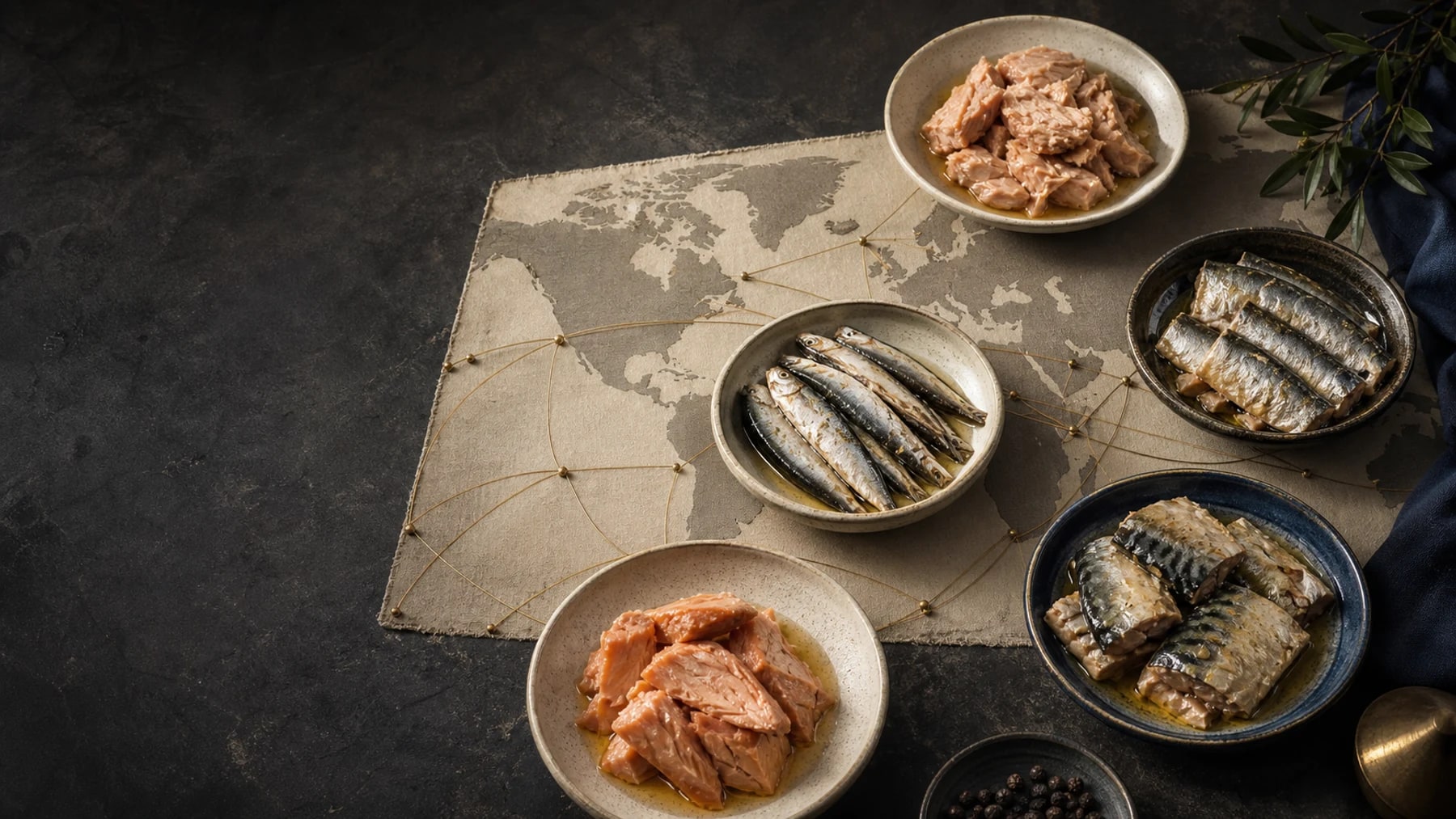 Editorial still life of prepared seafood dishes arranged around an understated world map