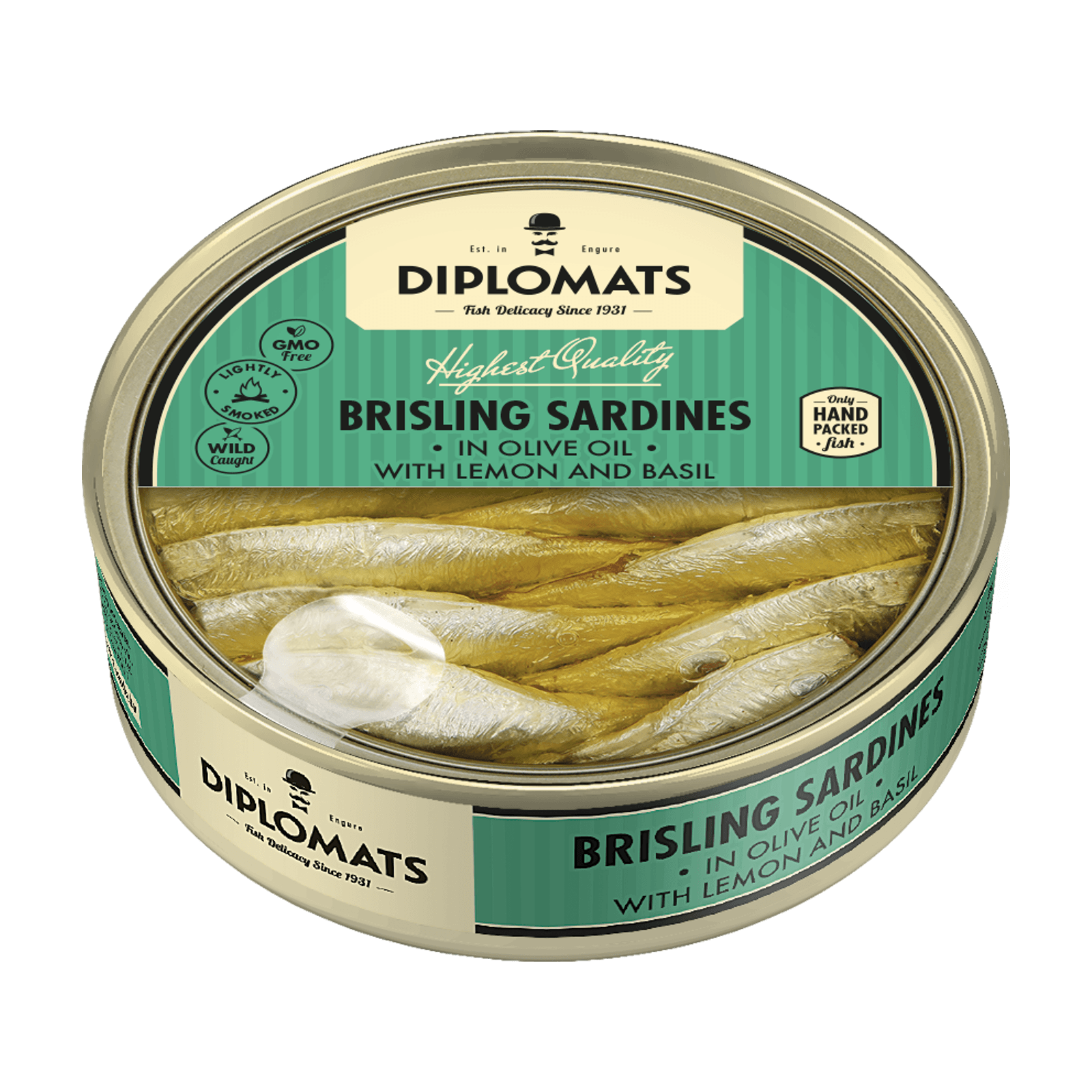Brisling Sardines in Olive Oil with Lemon and Basil 160g Transparent
