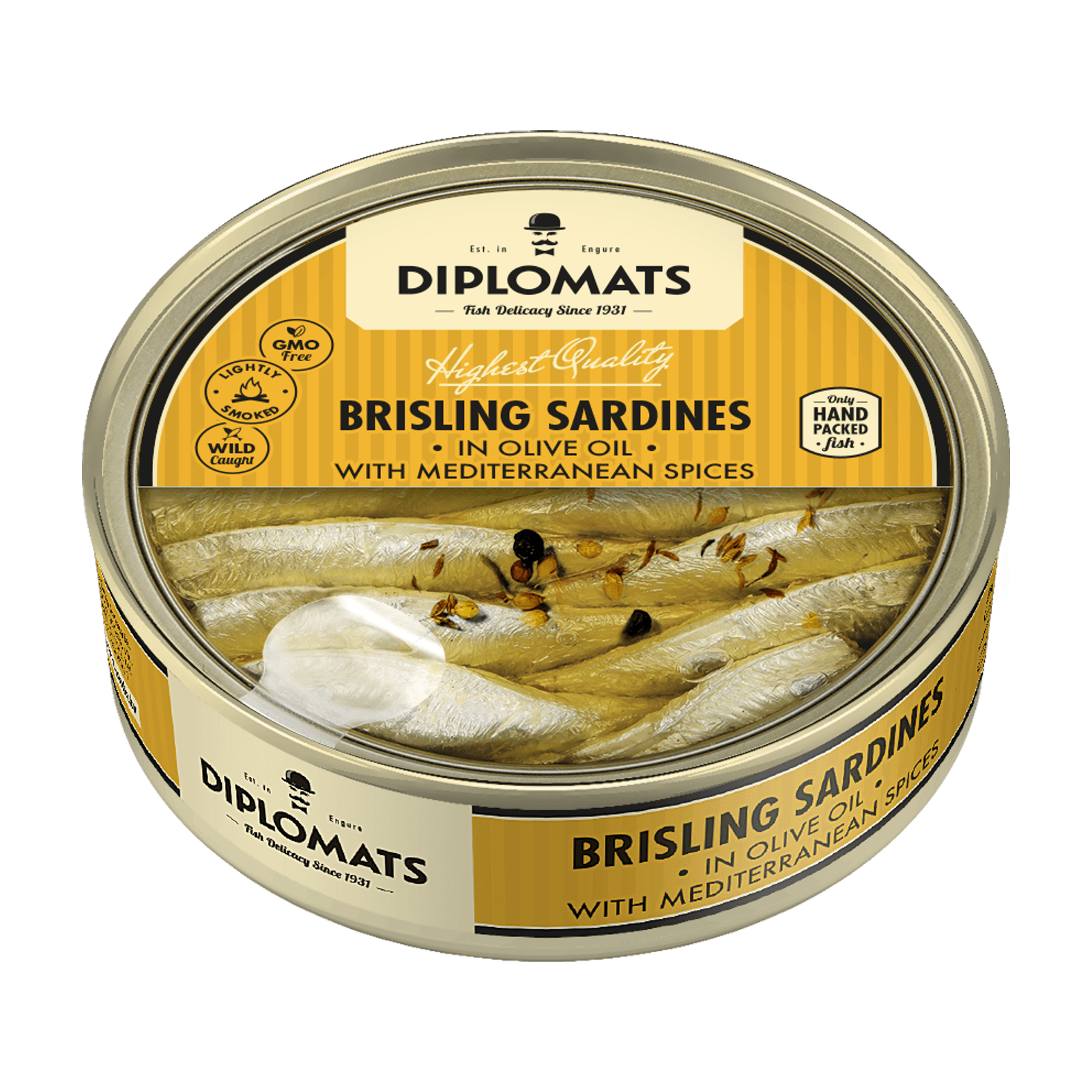 Brisling Sardines in Olive Oil with Mediterranean Spices 160g Transparent