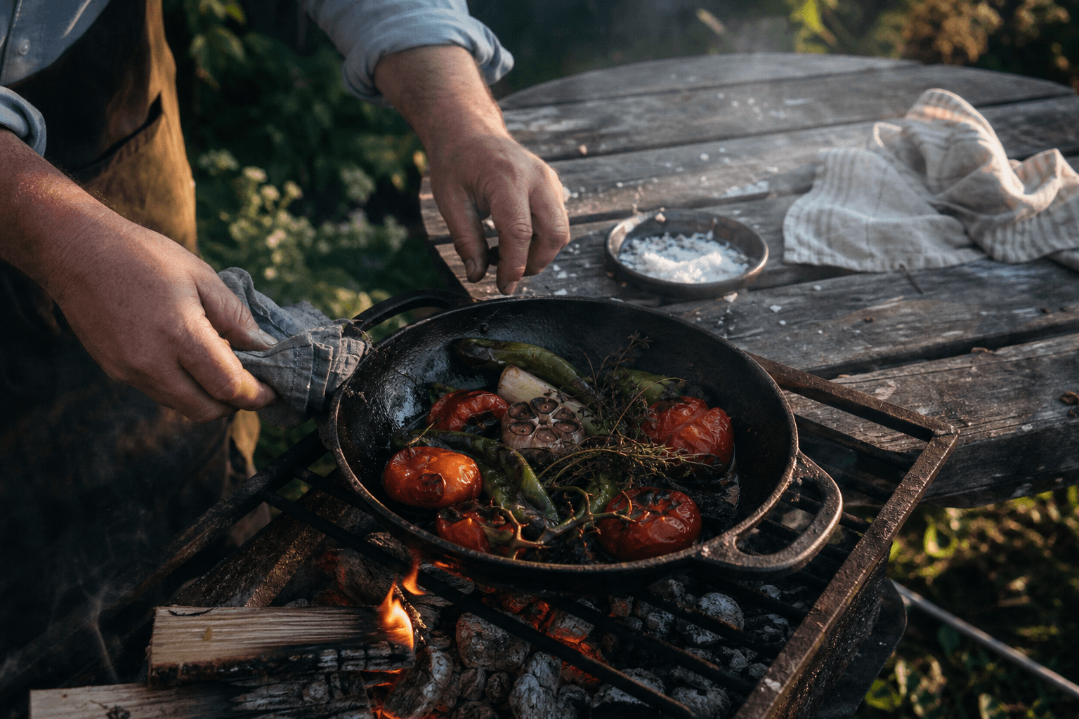Hands cooking vegetables in cast iron over a modest wood fire