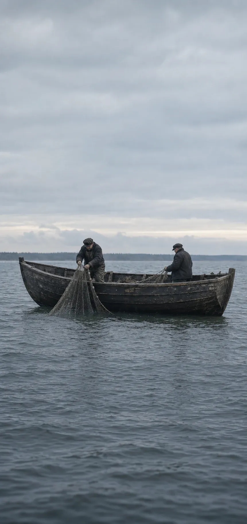 Two Latvian fishermen hauling a net aboard a substantial traditional wooden boat offshore in the Baltic Sea