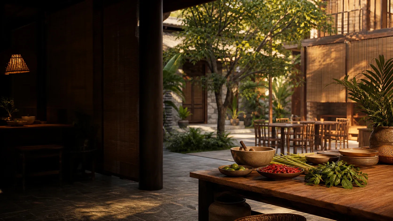 An elegant open-air Thai courtyard restaurant in warm afternoon light