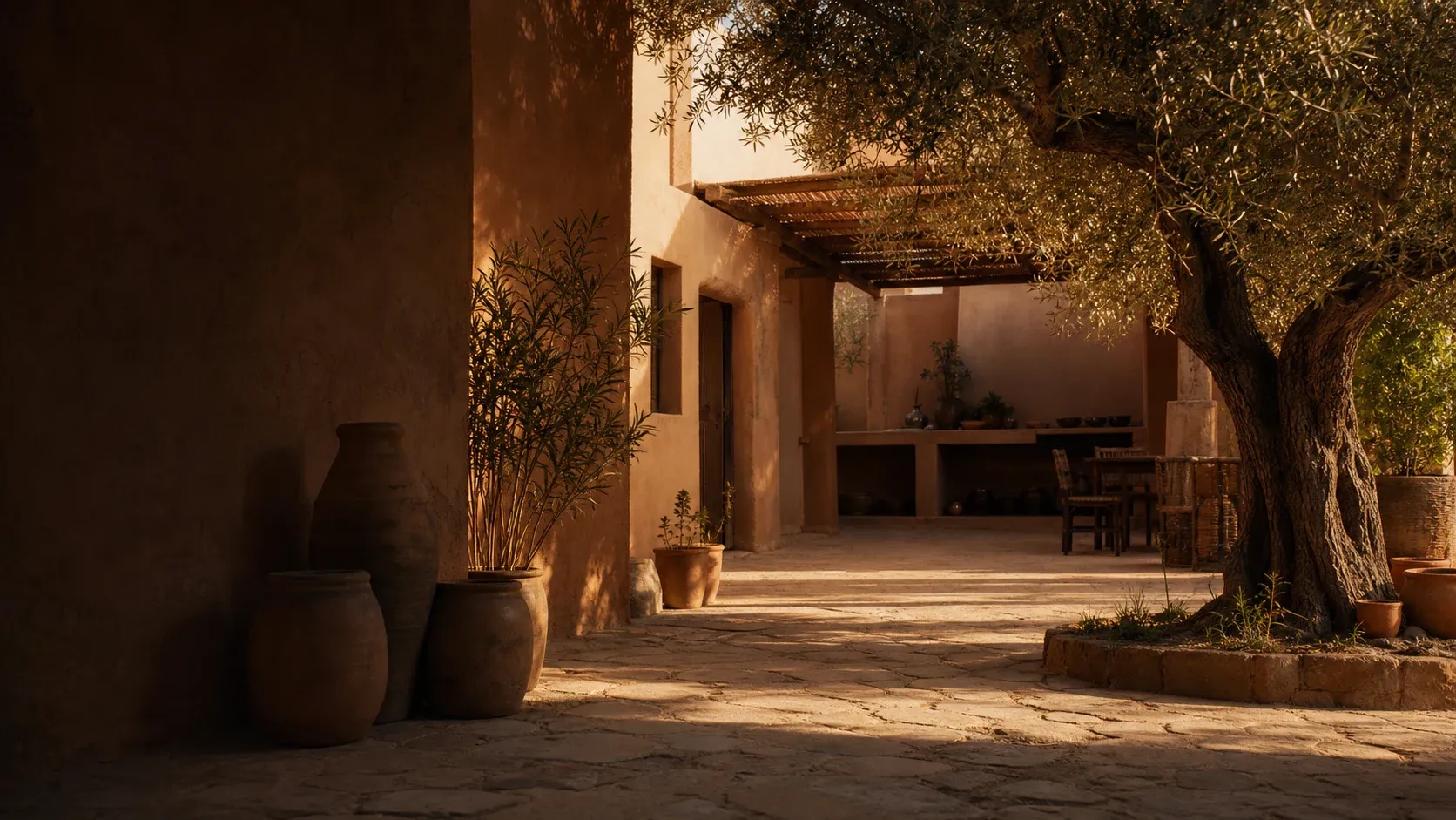 A warm Maghreb courtyard with terracotta walls and an olive tree at sunset