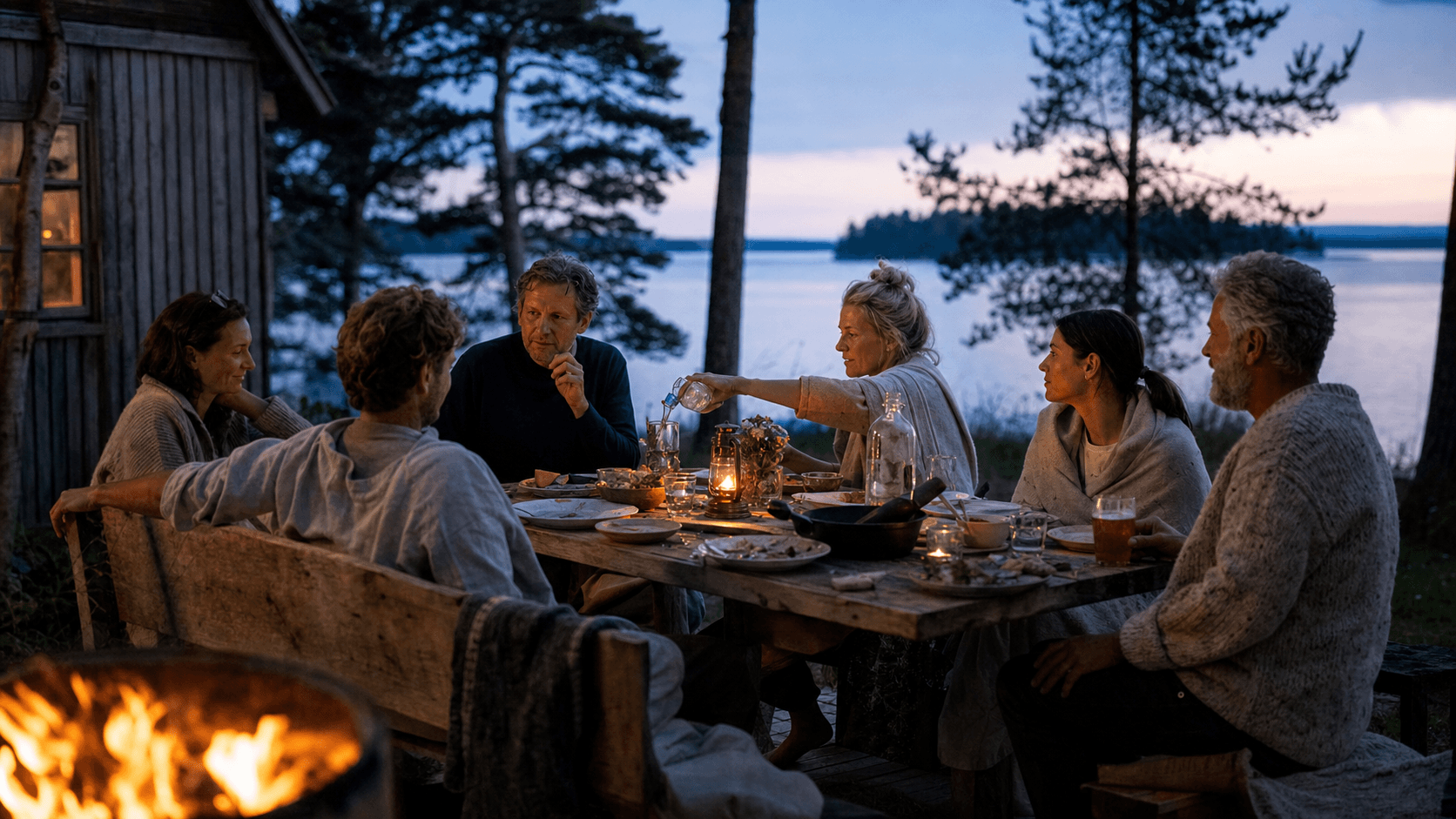 Friends sharing a summer evening around a wooden table and fire beside a lake