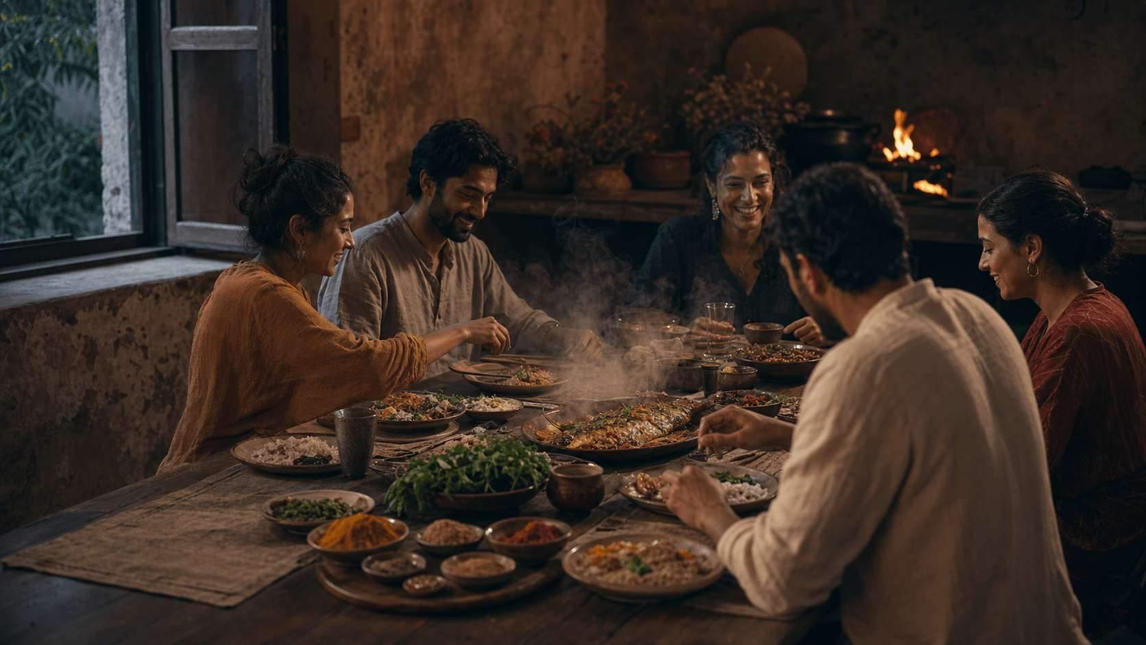 Friends sharing an aromatic fish dinner around a wooden table in warm evening light