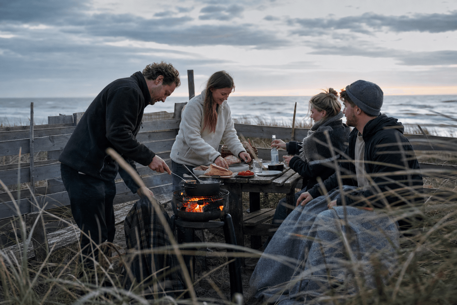 Friends preparing a simple evening meal beside the Baltic Sea