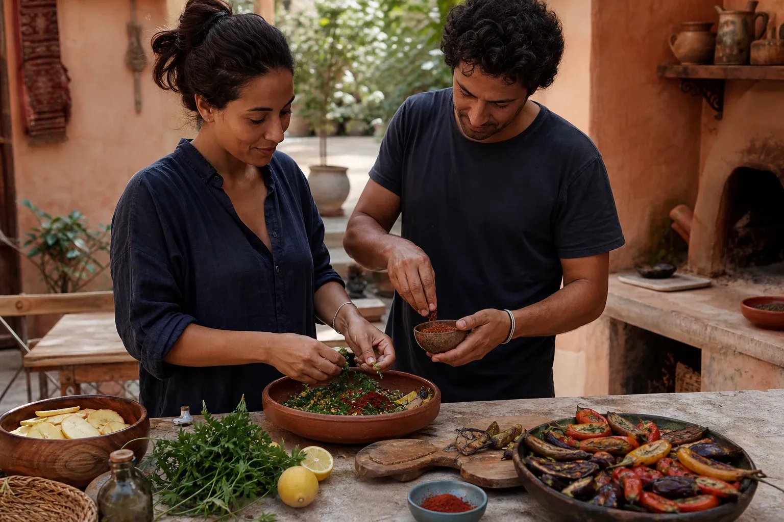 Two people preparing herbs, spices and roasted vegetables together