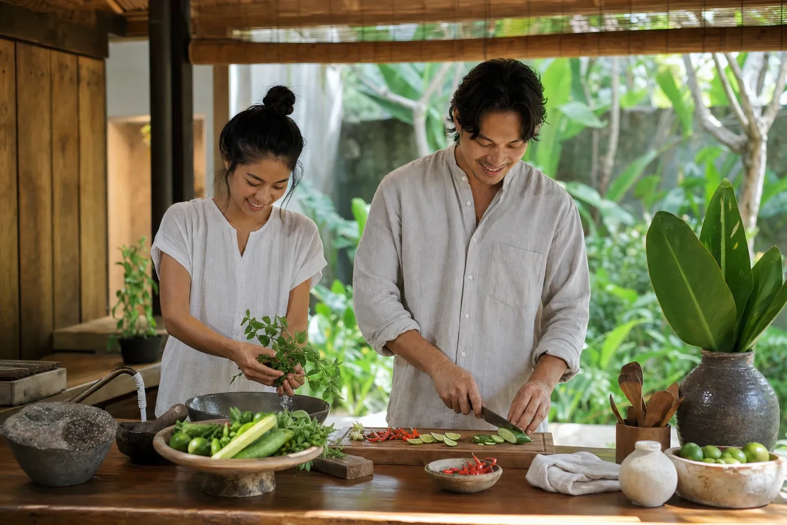 Two people preparing fresh herbs, lime and cucumber together