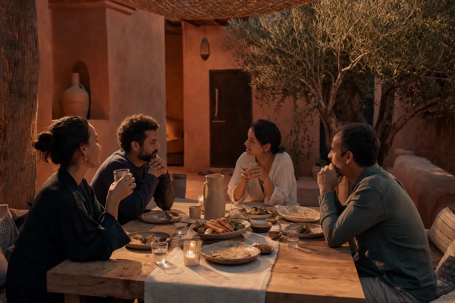Friends sharing an evening meal in a simple North African courtyard