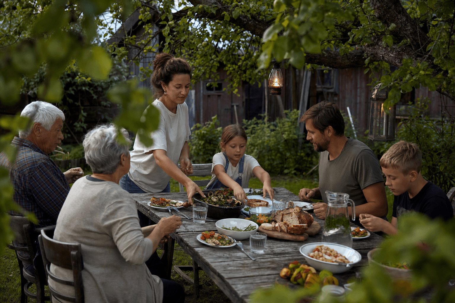 A multigenerational family sharing dinner at a wooden garden table