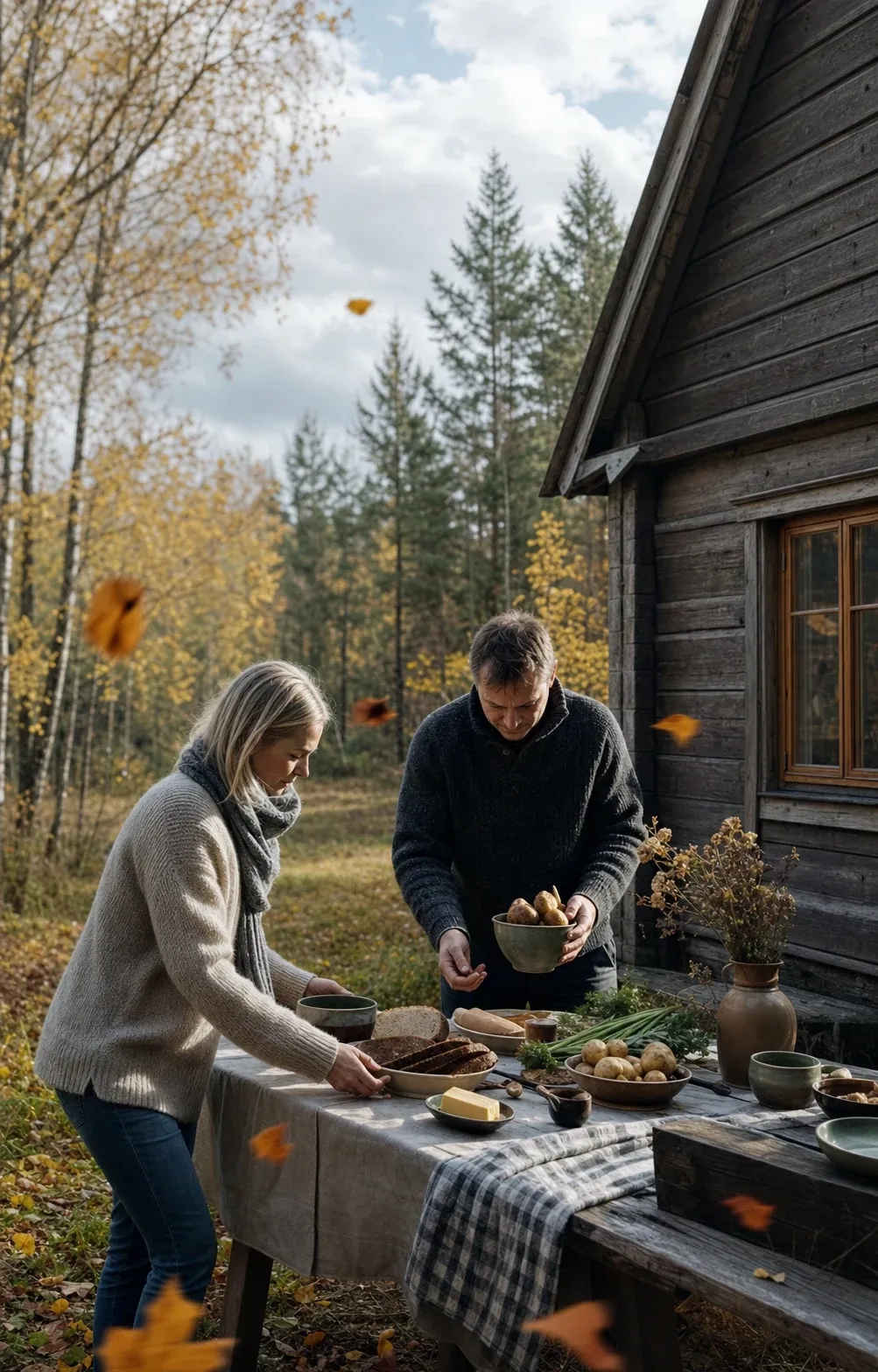 A family preparing a table beside a wooden Latvian home in autumn