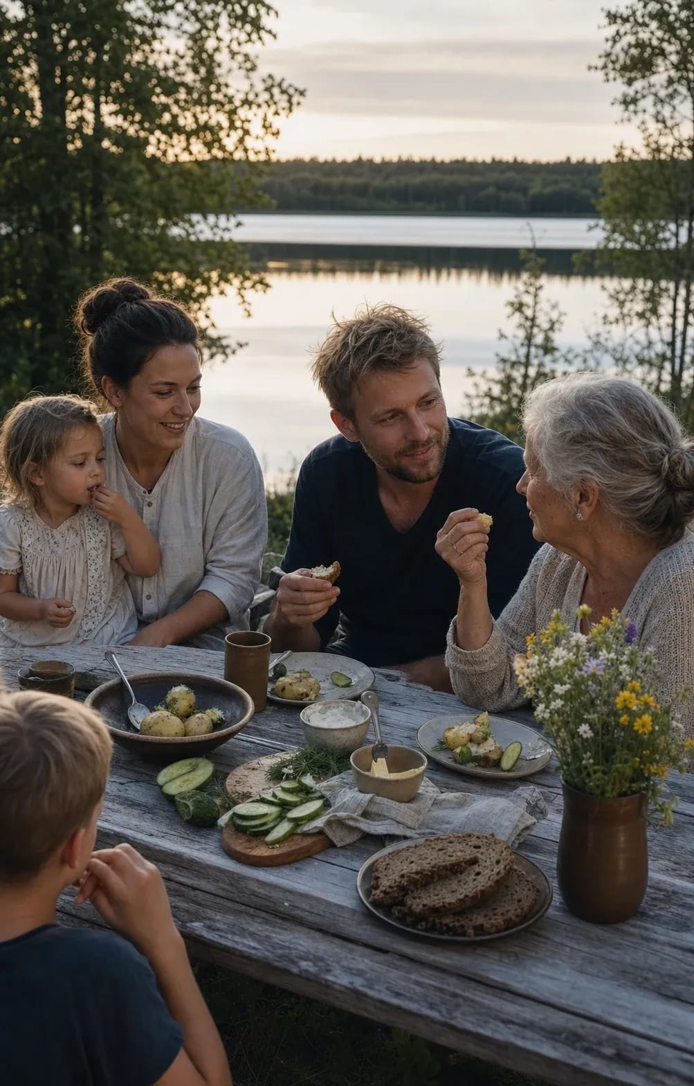 Several generations sharing a simple summer dinner beside a lake.