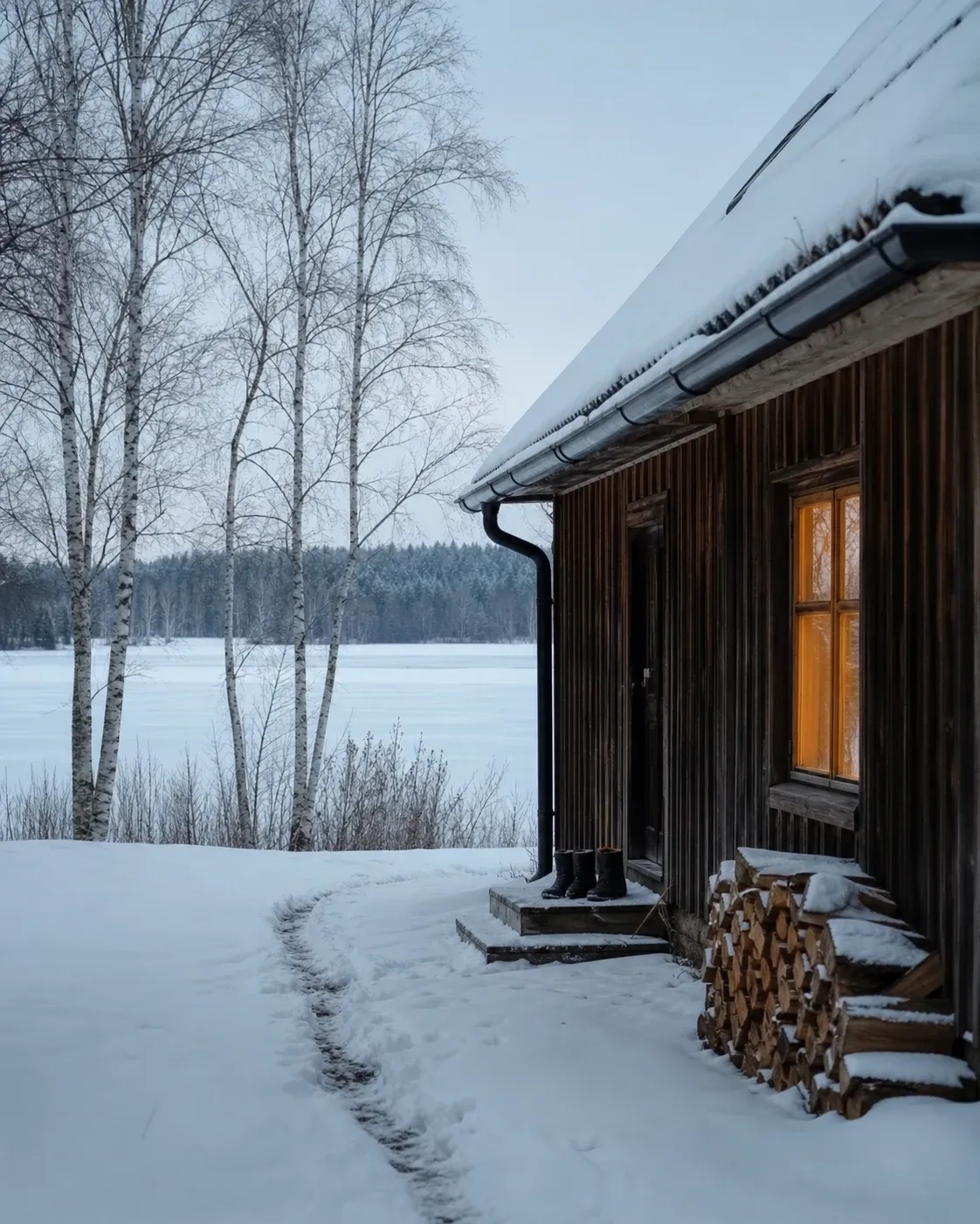 A quiet wooden Latvian home beside a frozen lake in winter