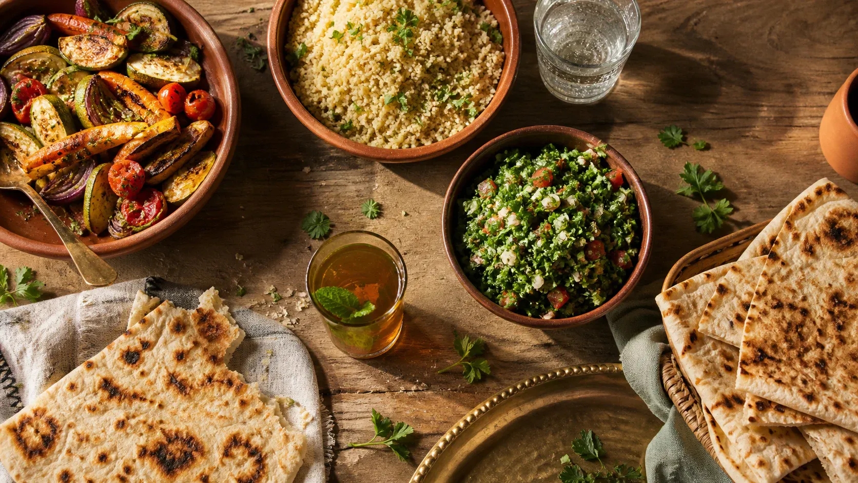 Flatbread, roasted vegetables, couscous, herb salad, mint tea and water