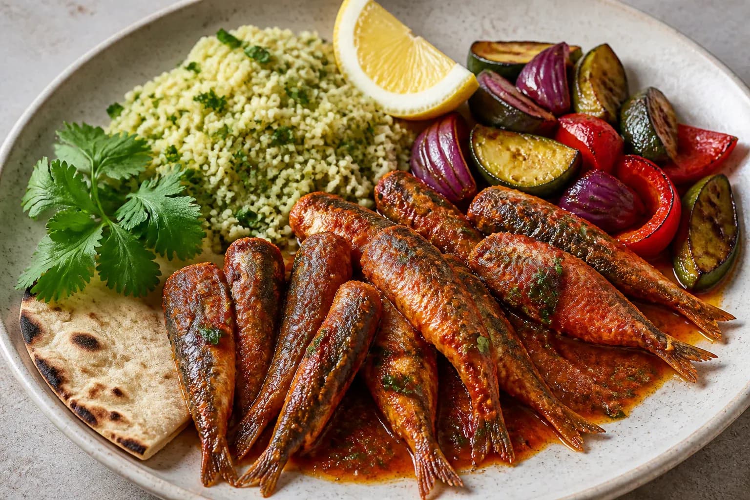 Red chermoula brisling with couscous and roasted vegetables.