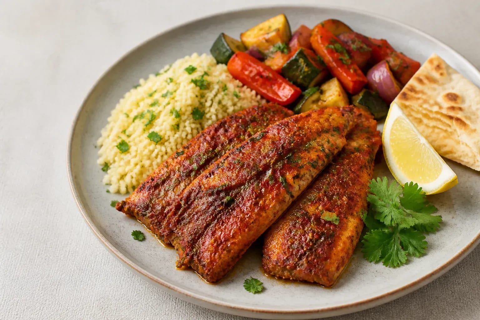 Red chermoula herring with couscous and herbs.