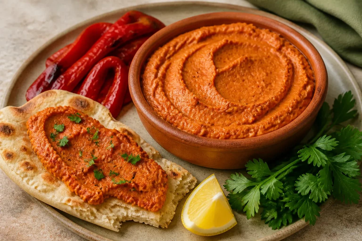 Red chermoula pâté with warm flatbread and herbs.